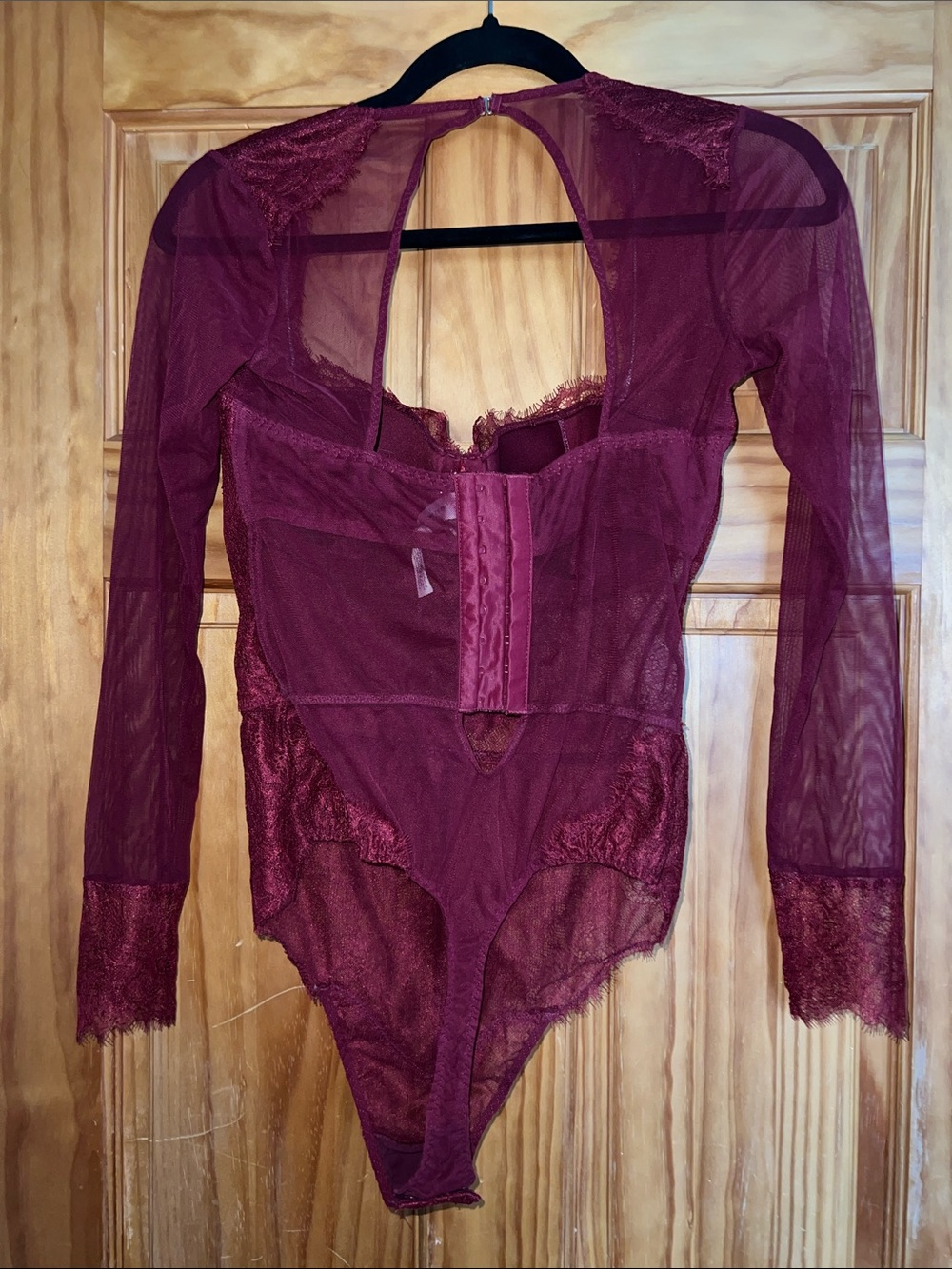 Victoria's Secret Burgundy Lace & Mesh Long Sleeve Bodysuit [36C] - Picture 6 of 11
